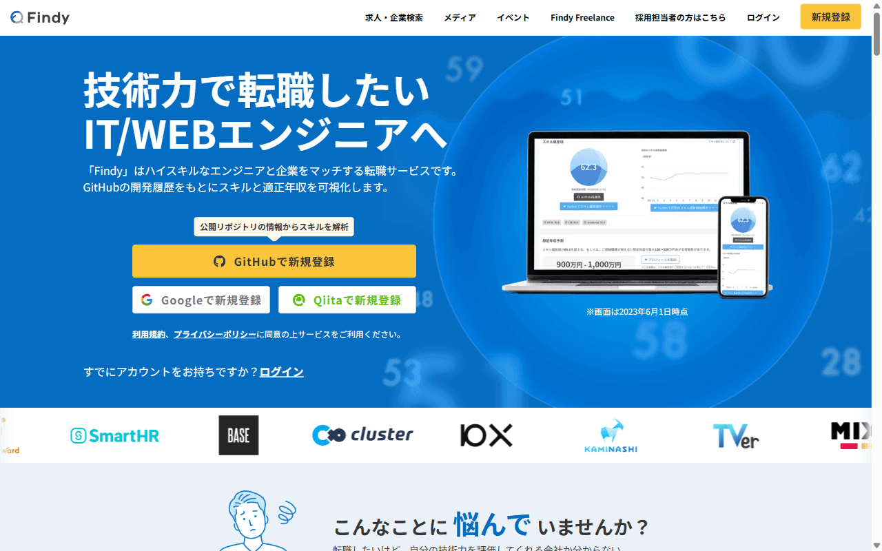 Findy 公式サイト：公式トップページのファーストビュー