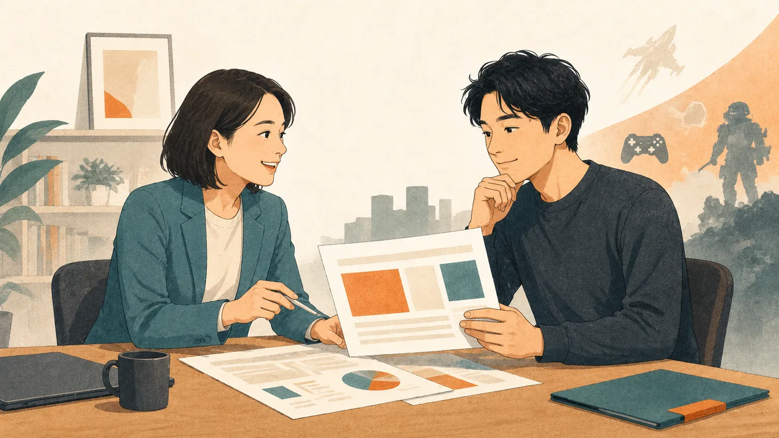 アドバイザーと一緒に求人を見比べるイラスト