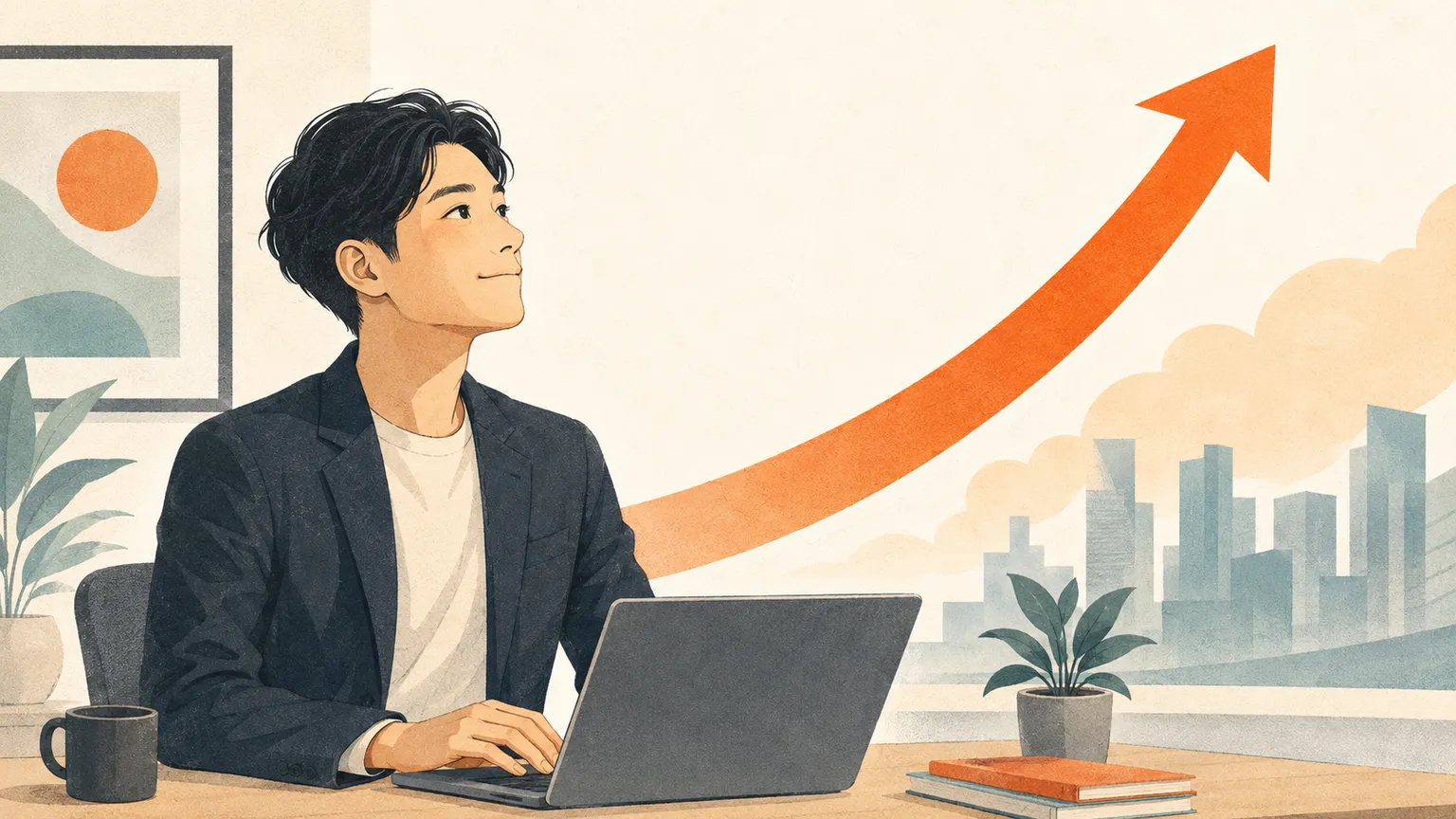 年収アップに手応えを感じるITエンジニアのイラスト