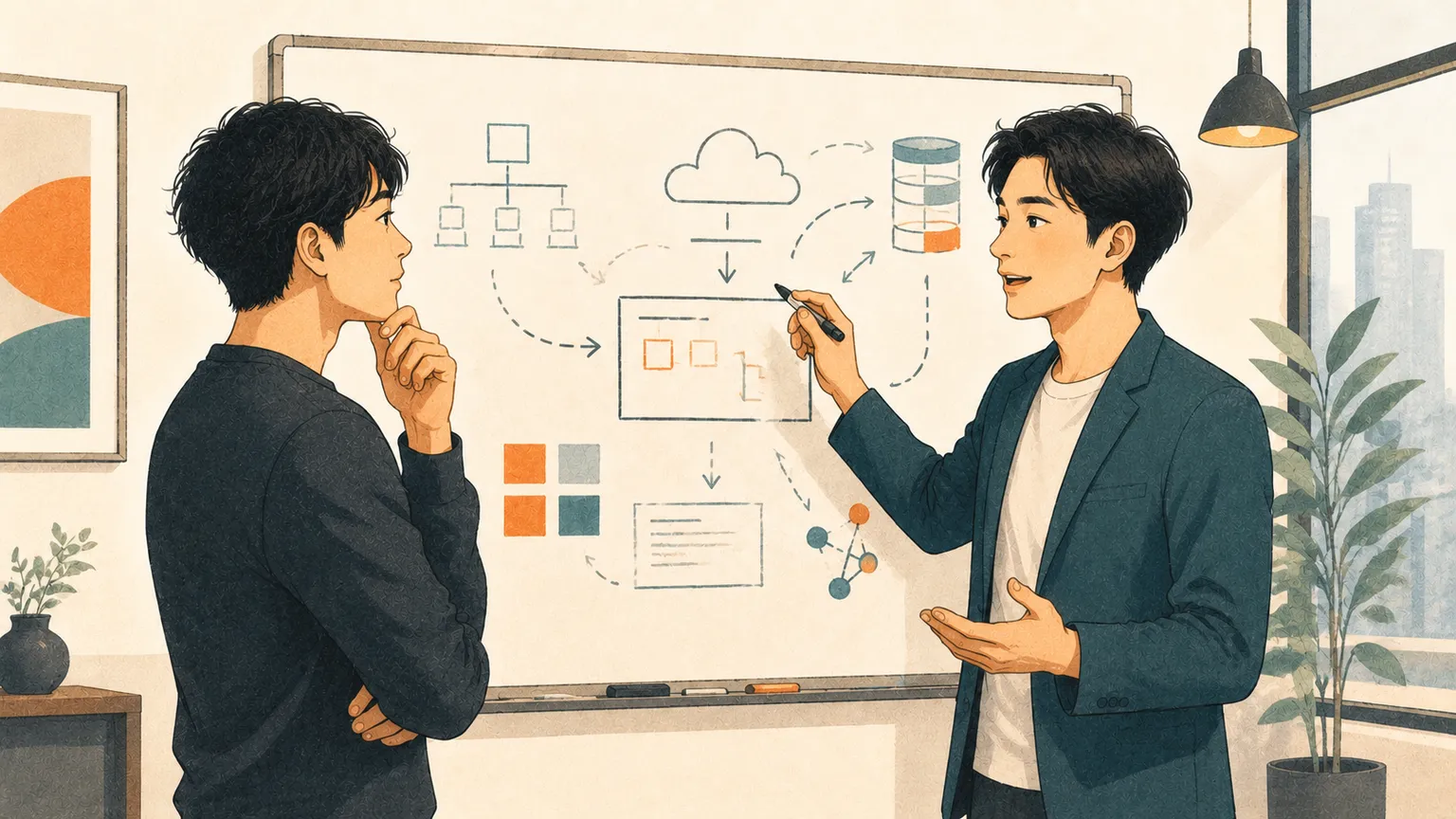 技術が分かるアドバイザーと相談するITエンジニアのイラスト